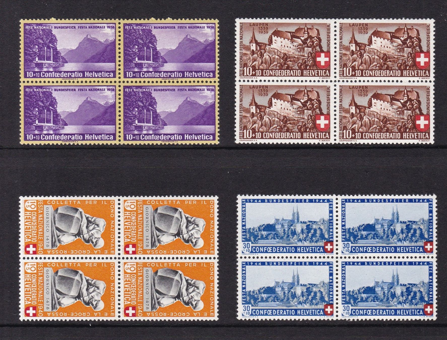 Alle Briefmarken: 16 Stk. Pro Patria Viererblocks ab 1938, postfrisch – Gebraucht aus Münchwilen AG von Nesar