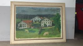 Ölgemälde mit Bauernhof-Motiv, gerahmt, Sommerdeko!