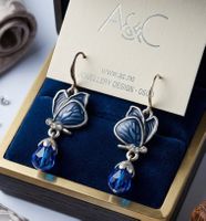 Designer Ohrringe: Blaue Schmetterlinge mit Kristall-A&C Neu