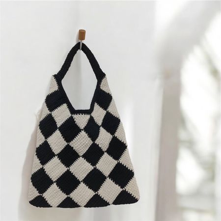 Crocheted Handbag Checkered Pattern Black Beige Large