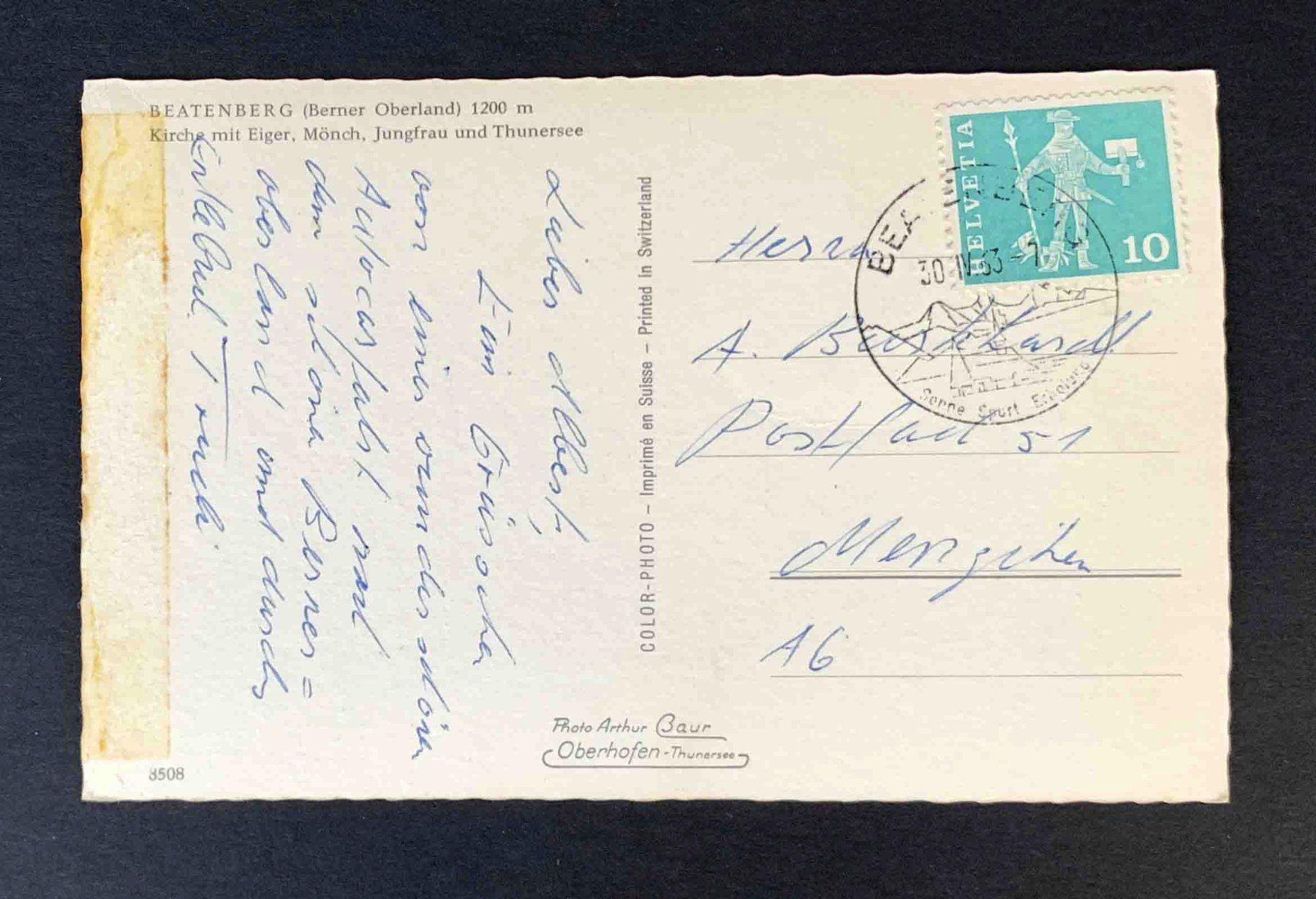 Cartoline postali: AK Beatenberg Kirche mit Eiger Mönch Jungfrau und Thunersee – Usato da Goldau venduto da artelier1 1