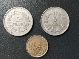 3 Münzen Republique Française 5Francs/100Francs