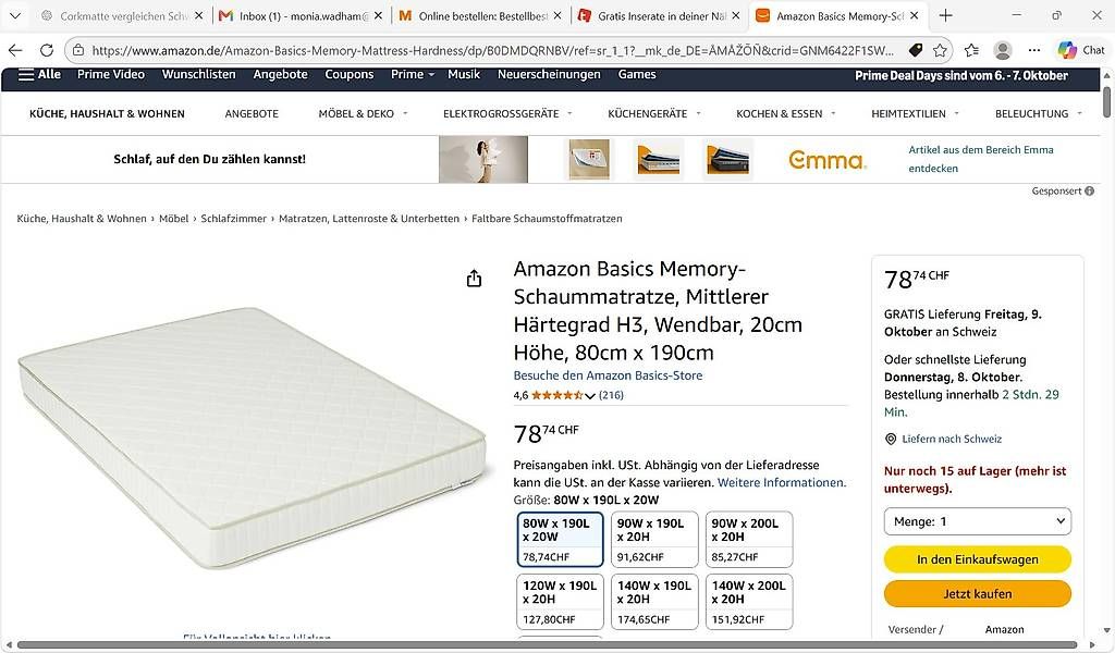 Matratzen: Amazon Basics Memory-Schaum Matratze – Neu und originalverpackt aus Zürich von mon_f7hd