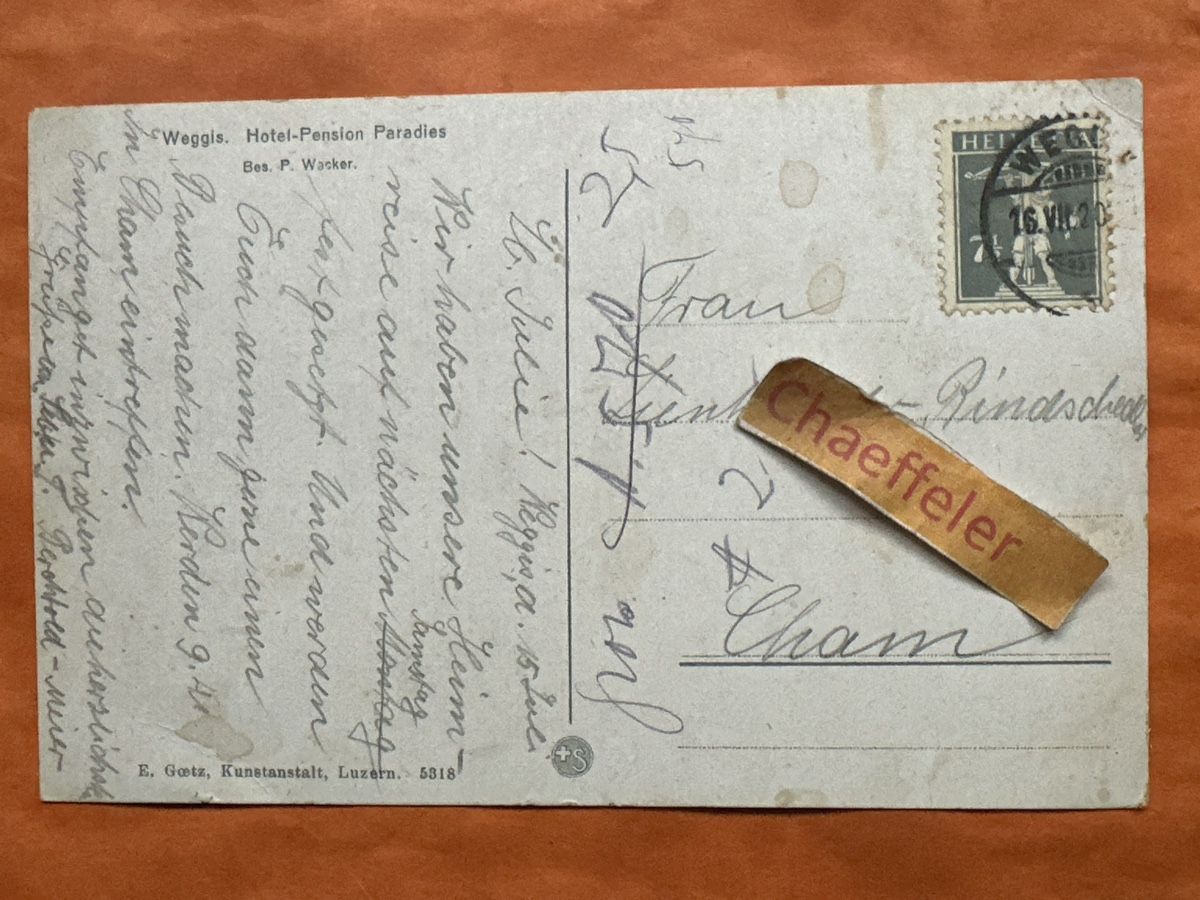 Cartoline postali: 1920 Weggis - Hotel & Pension Paradies – Usato da Zürich venduto da Chaeffeler 1