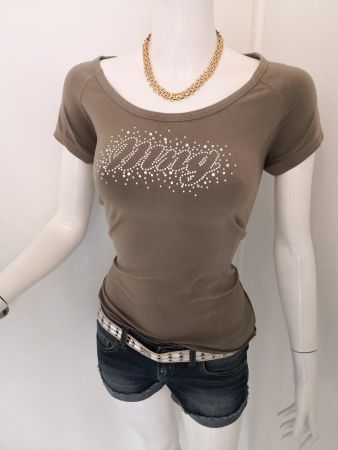 🤩MANGO TOP STRETCH OLIVGRÜN MIT STRASS-SCHRIFTZUG