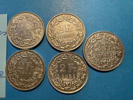 SUISSE : 5 X 2 FRANCS ARGENT 1943-44-61-63-65