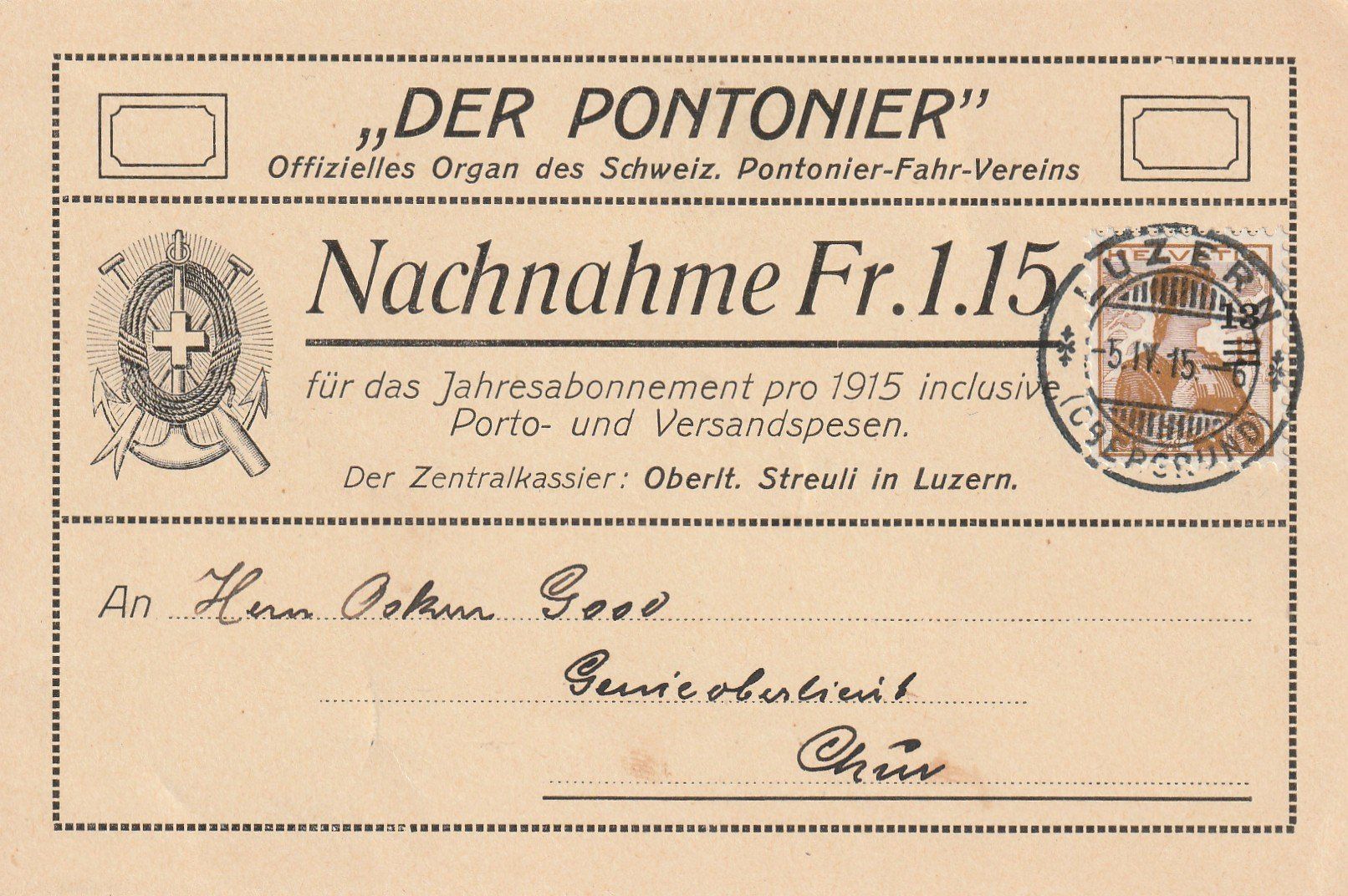 Alle Briefmarken: ABO-NN Der Pontonier 1915 – Gebraucht aus Rorschacherberg von fratovi2