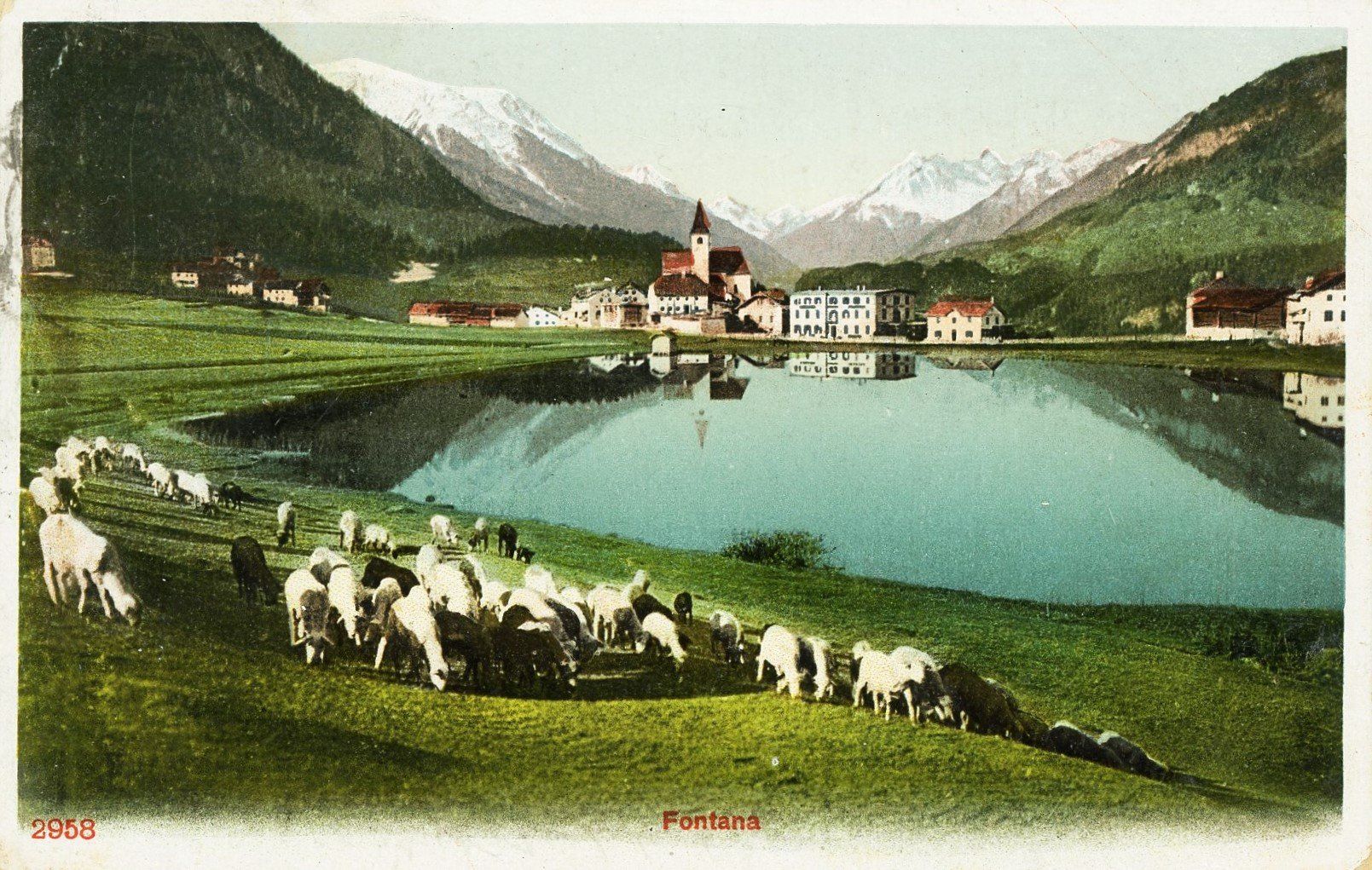 Cartoline postali: 1908: Ansichtskarte, Fontana (Tarasp) mit See – Usato da Basel venduto da Strubelibs