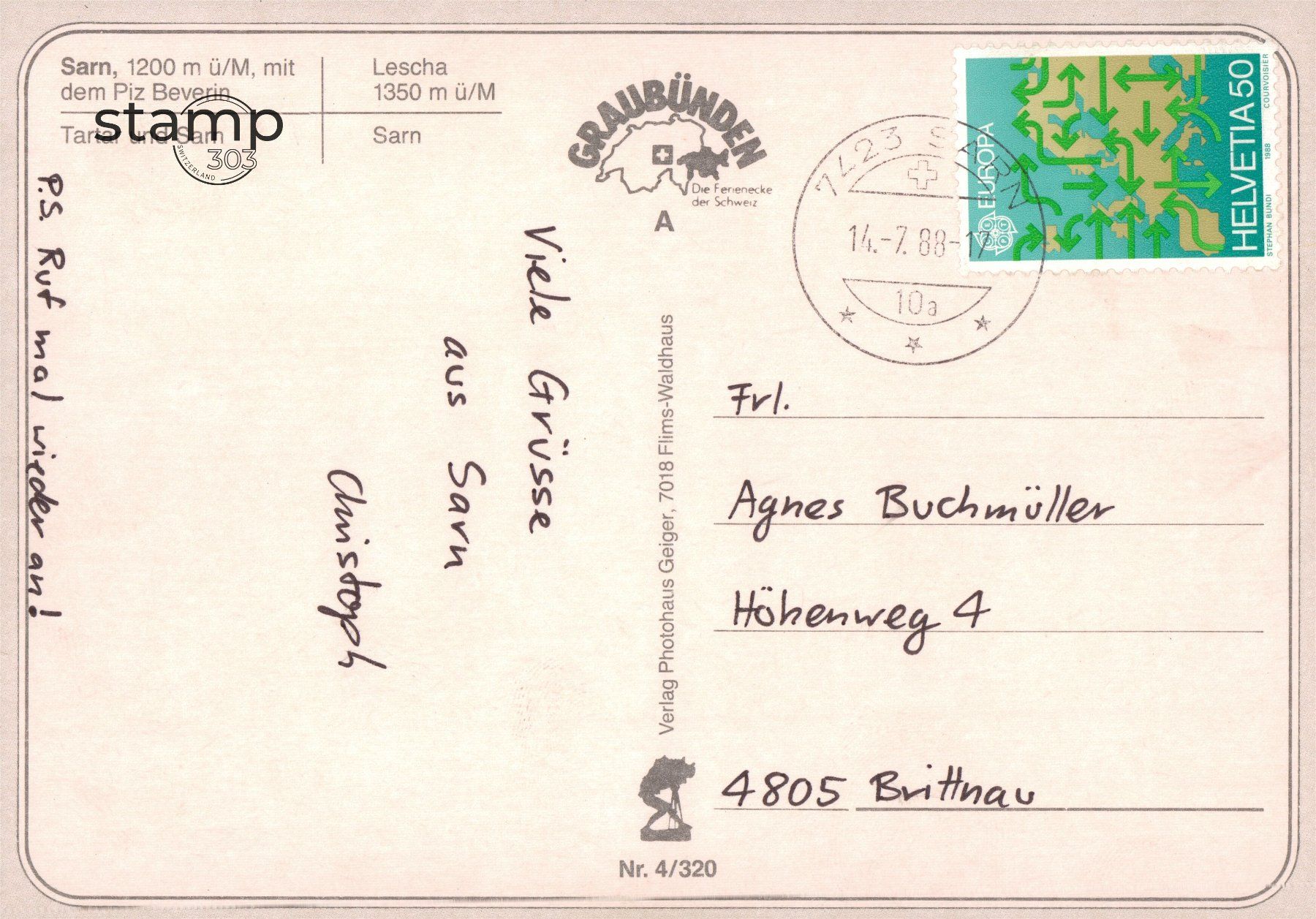 Cartoline postali: 1988 AK Heinzenberg - Sarn - Lescha – Usato da Eggersriet venduto da stamp303 1