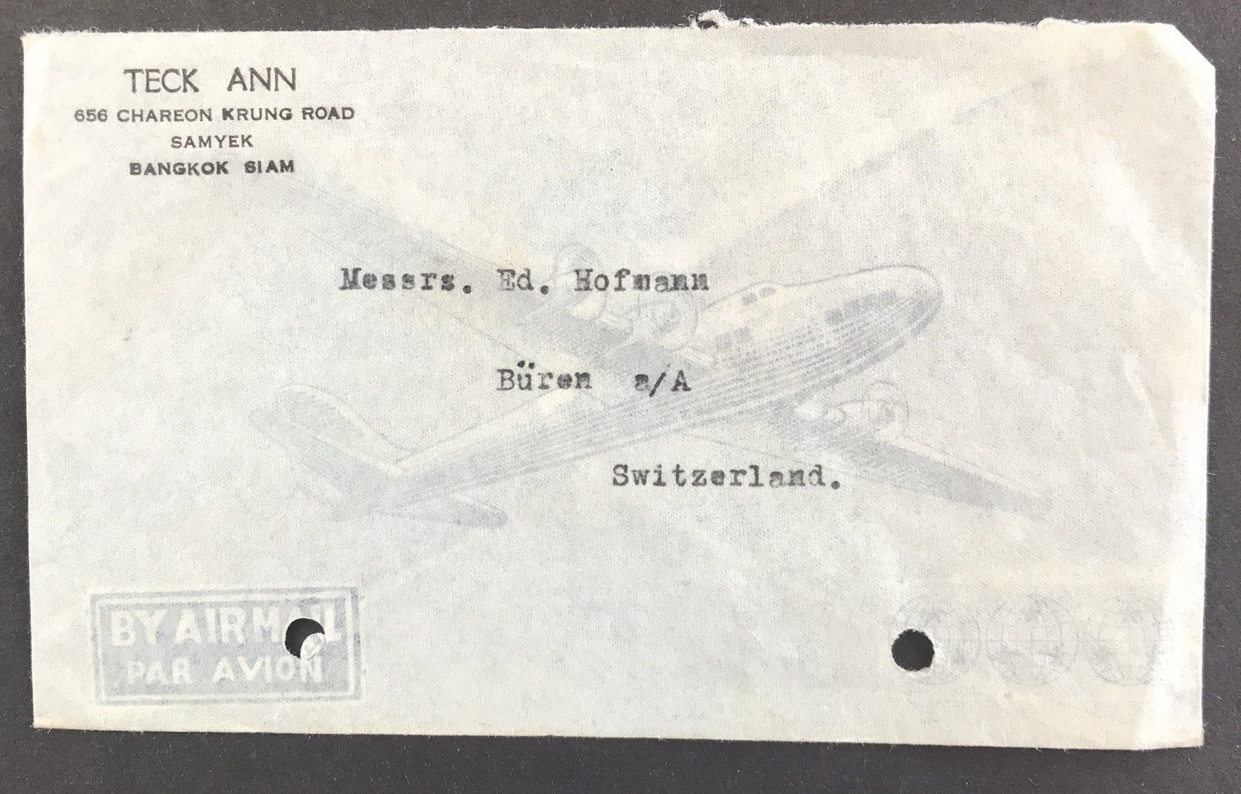 Tutti i francobolli: ANTIKE BRIEFUMSCHLAG BANGKOK MIT FLUGZEUG – Usato da Ostermundigen venduto da Kari1937