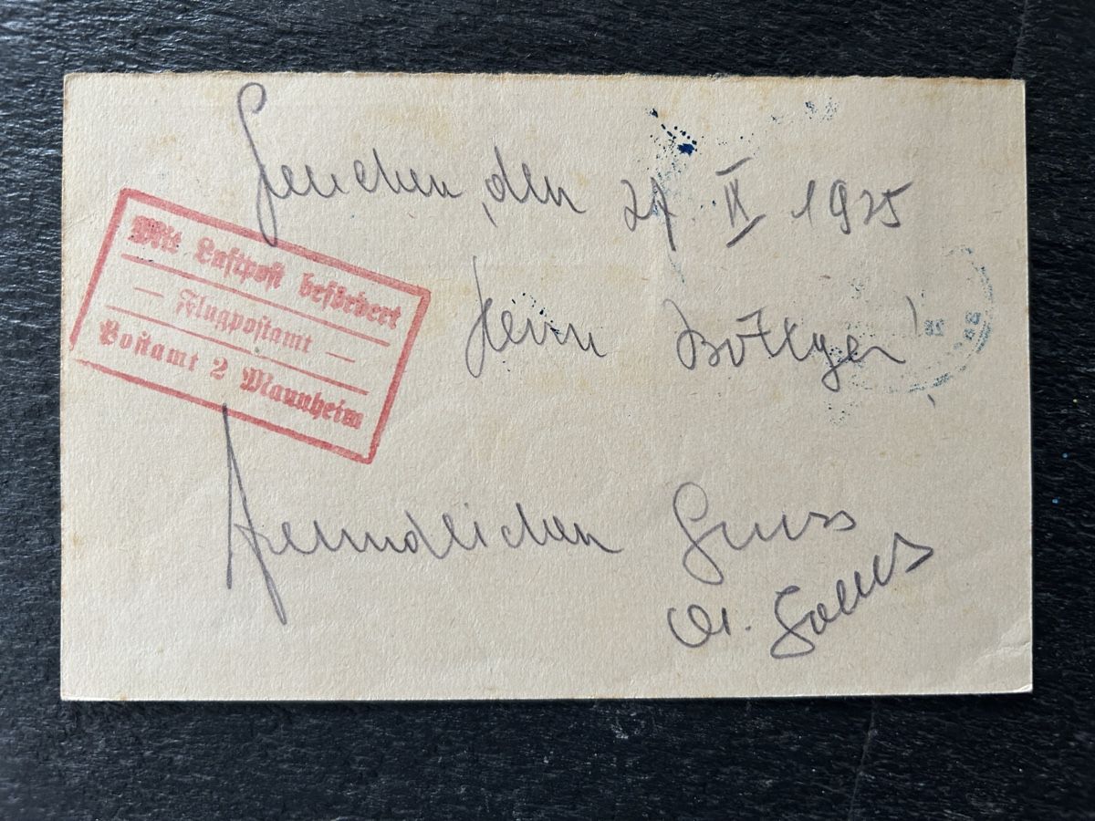 Alle Briefmarken: 1925 carte postale 1. FLUG Basel-Mannheim – Gebraucht aus Vétroz von Laly63 1