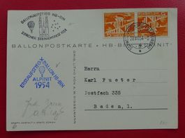 1954: Ballonpost, ERSTAUFSTIEG am Seenachtsfest ZÜRICH.