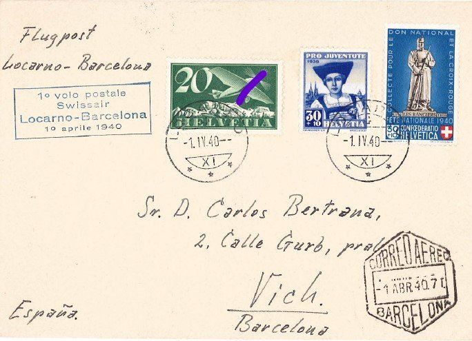 Alle Briefmarken: Flugpost Locarno - Barcelona – Gebraucht aus Bellach von qsearch