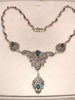 Vintage 925er Silber Collier Natur Jade, Markasiten 80er Top