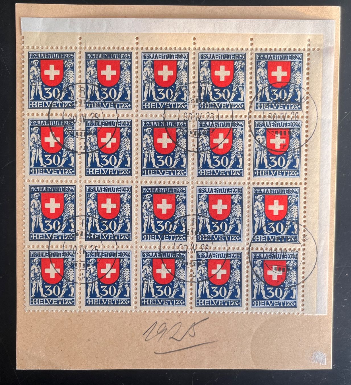 Alle Briefmarken: Pro Juventute 1925 halber Bogen Kantons und Schweizerwappen – Gebraucht aus Biberist von Edelfloh