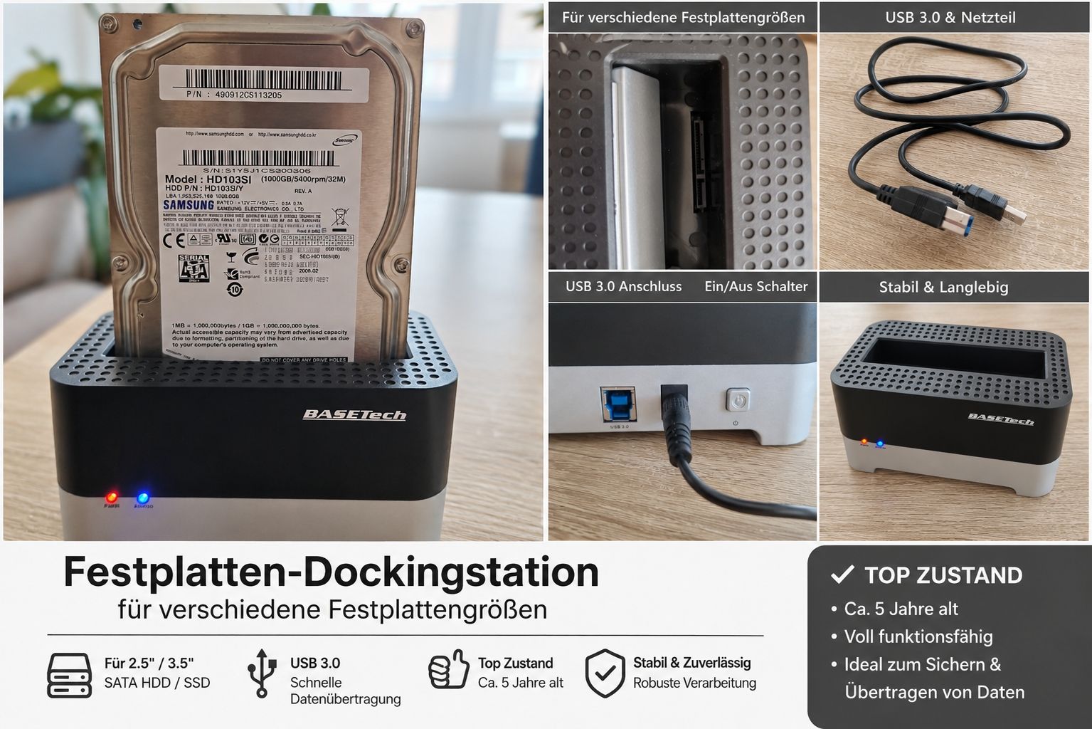 Docking station: BASETech USB 3.0 Festplatten-Dockingstation SATA HDD/SSD – Usato da Ruswil venduto da papagio