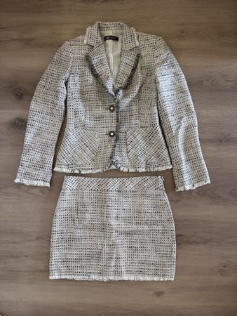 Ensemble veste et jupe gris et blanc MONTON taille 34