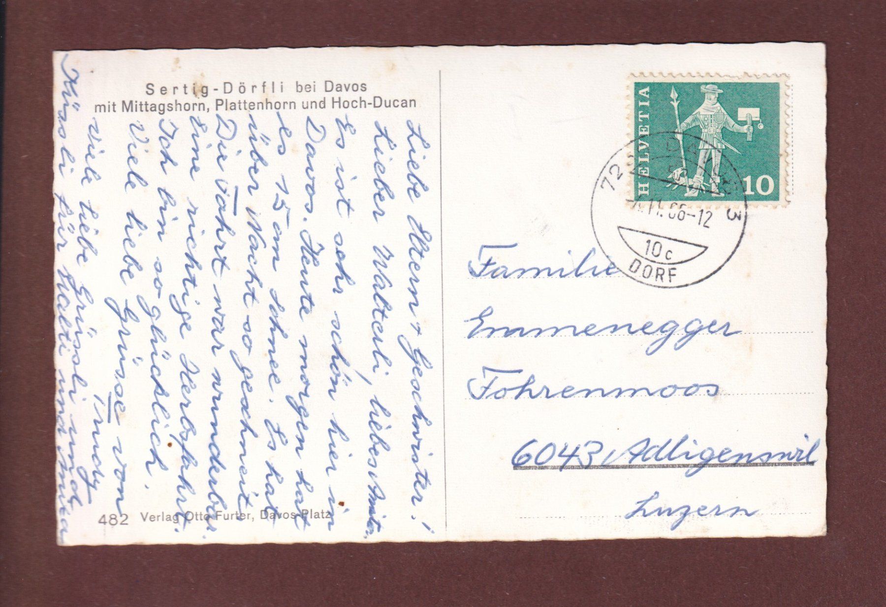 Cartoline postali: DAVOS - Sertigtal - Kutsche - 1966 – Usato da Pully venduto da nicecards 1