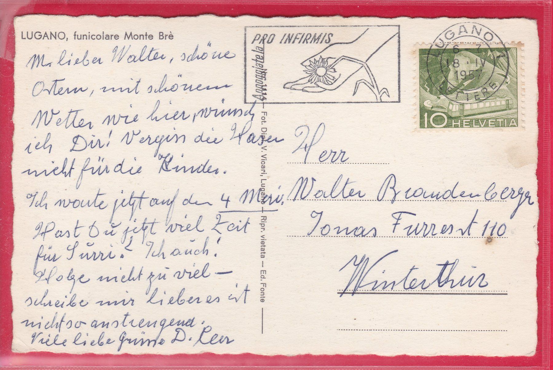 Cartoline postali: LUGANO, FUNICOLARE MONTE BTÉ, 18.4.1957 – Usato da Oberrieden venduto da Gebirgsstelze 1