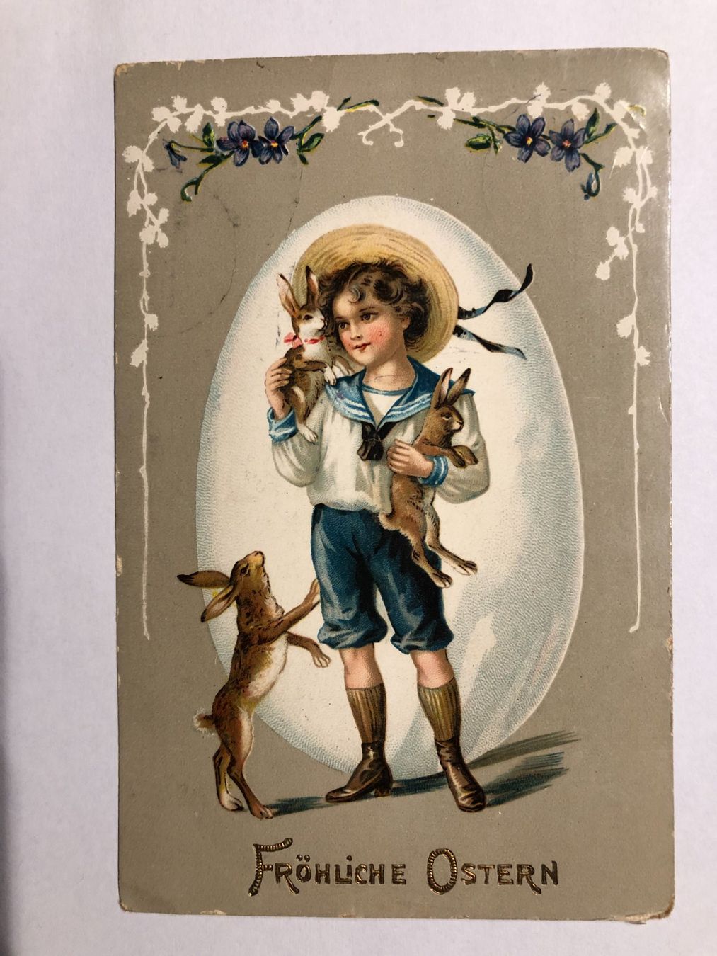Cartoline postali: Fröhliche Ostern - Riesenei - Knabe mit Hasen 1913 – Usato da Pfäffikon ZH venduto da Waltoversand