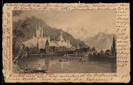 Künstler-AK Thun, Thun und Berner Alpen vom Wasser aus