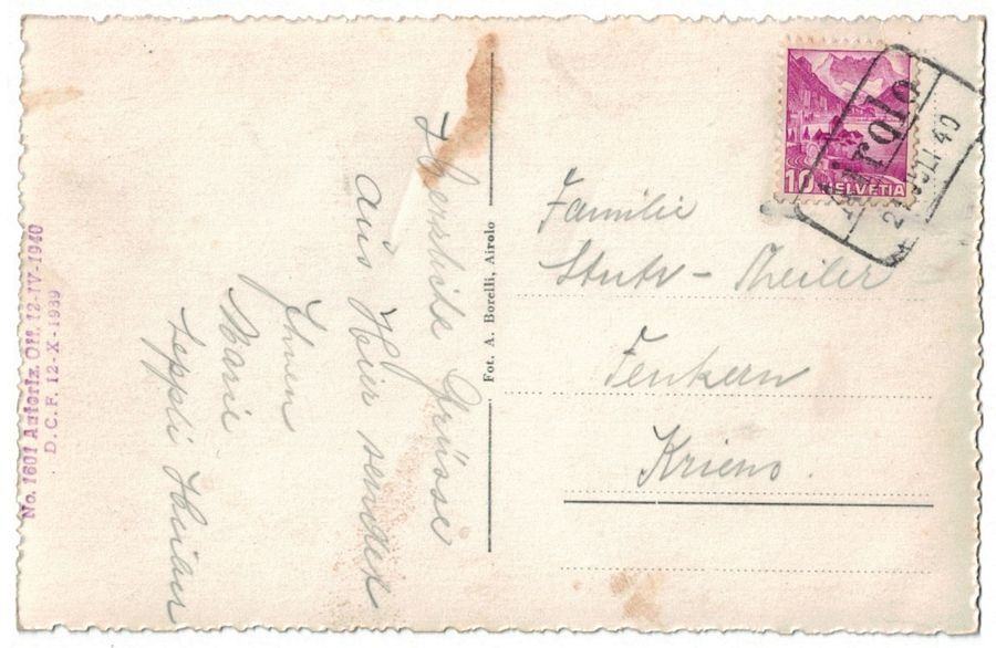 Ansichtskarten: Airolo, circolata 1940 – Gebraucht aus Frauenfeld von POML 1