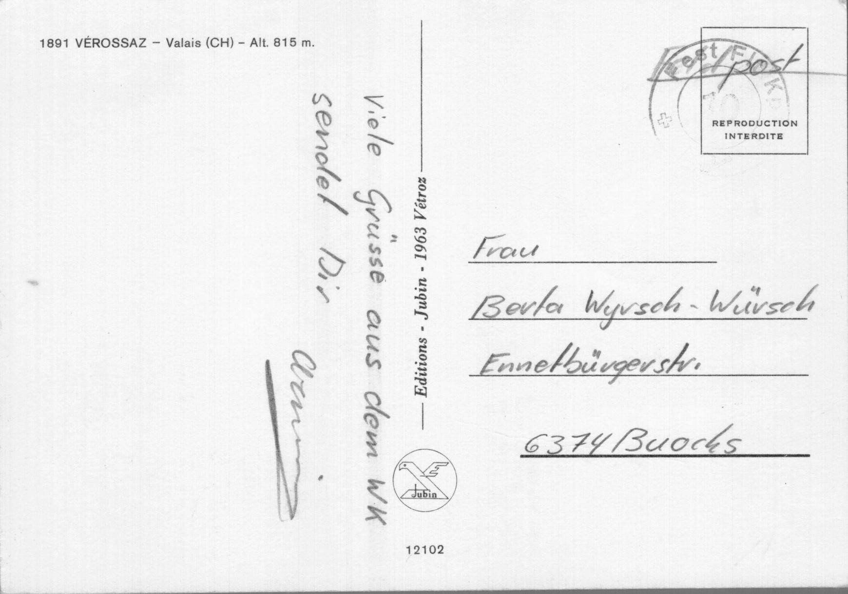 Cartoline postali: Vintage Ansichtskarte Vérossaz, Wallis – Usato da Oberkirch LU venduto da sa_kr 1