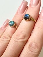 Ring Labradorit 925 Silber gold Sechseck Stapelring 49
