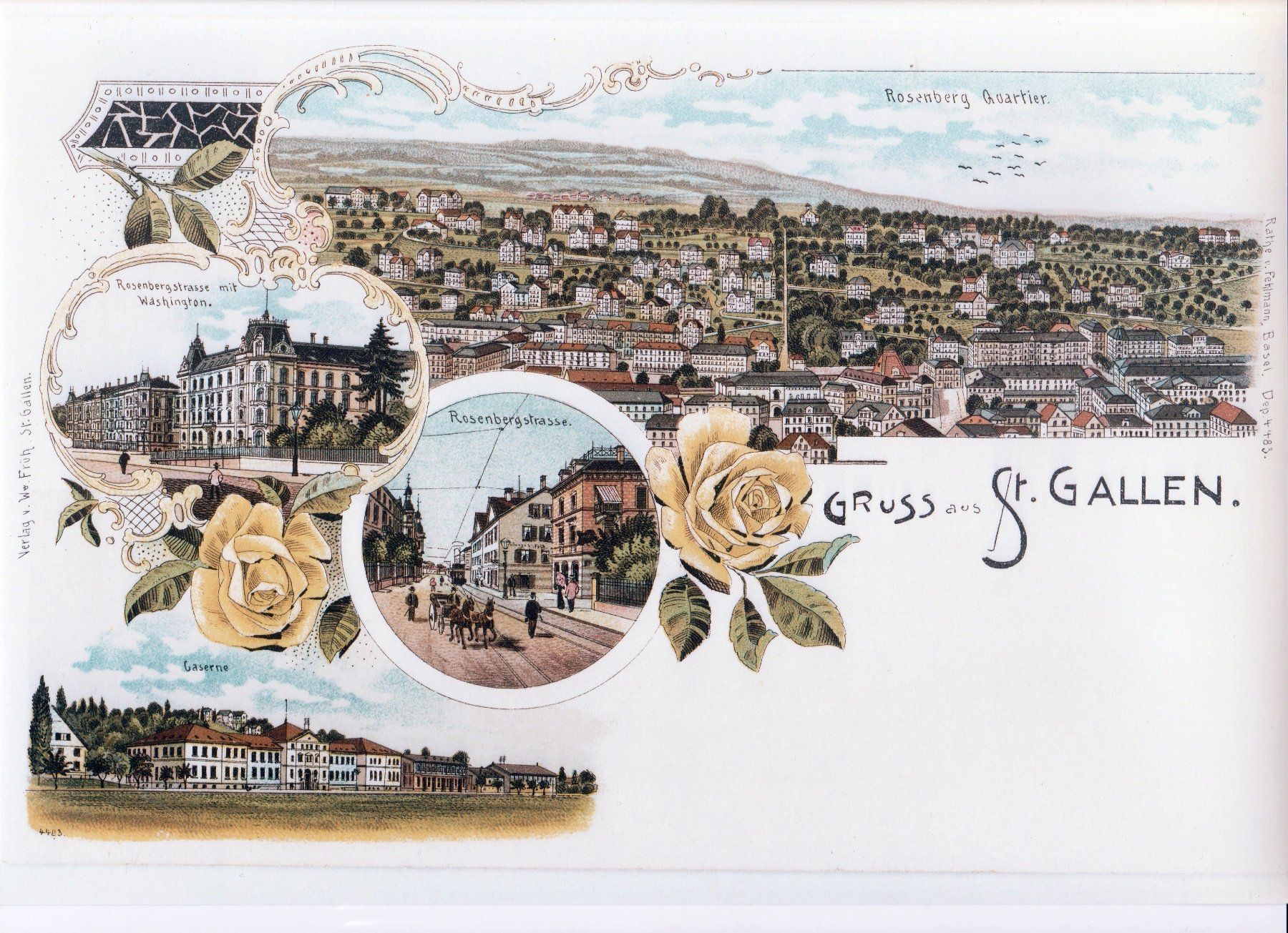 Cartoline postali: Rosenberg Quartier, Rosenbergstrasse, Washington, Caserne/A4 – Usato da Fällanden venduto da Blausegelfliege