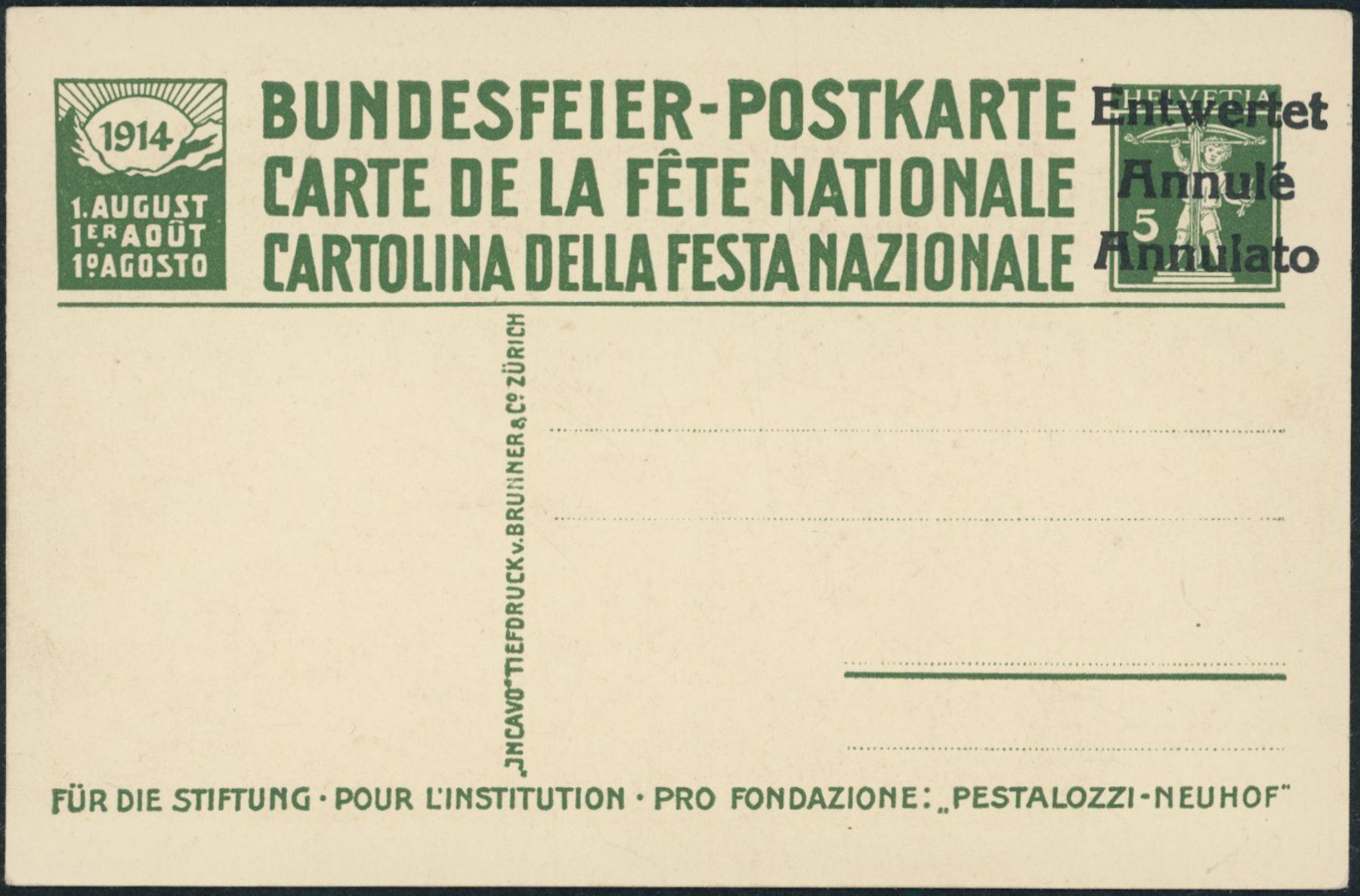 Tutti i francobolli: 1914 - Pro Patria - Bundesfeierkarten • Entwertet – Usato da Schindellegi venduto da leecollect