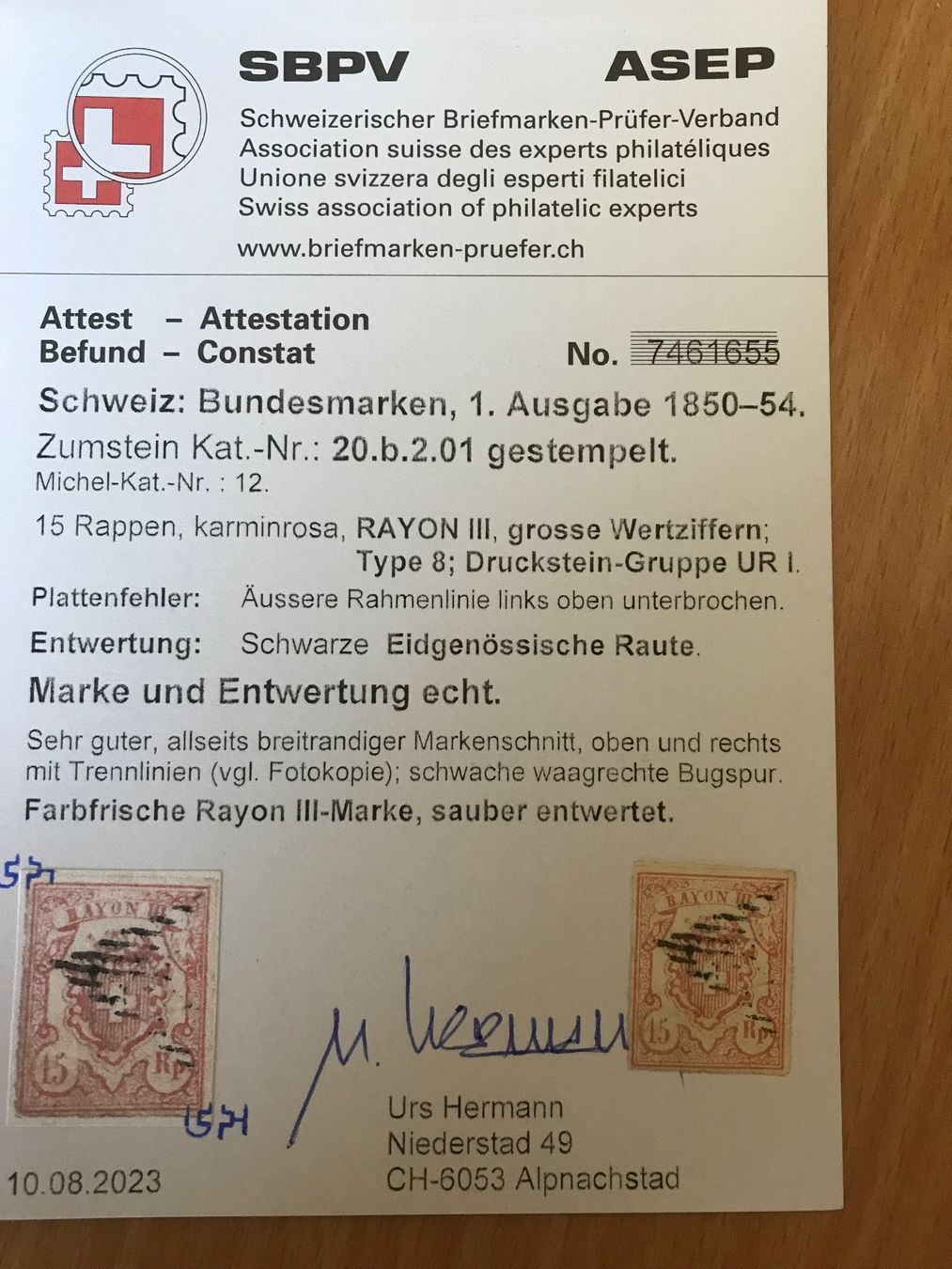 Tous les timbres: Rayon III breitrandig mit Plattenfehler und Attest – D'occasion à stäfa par brandy66