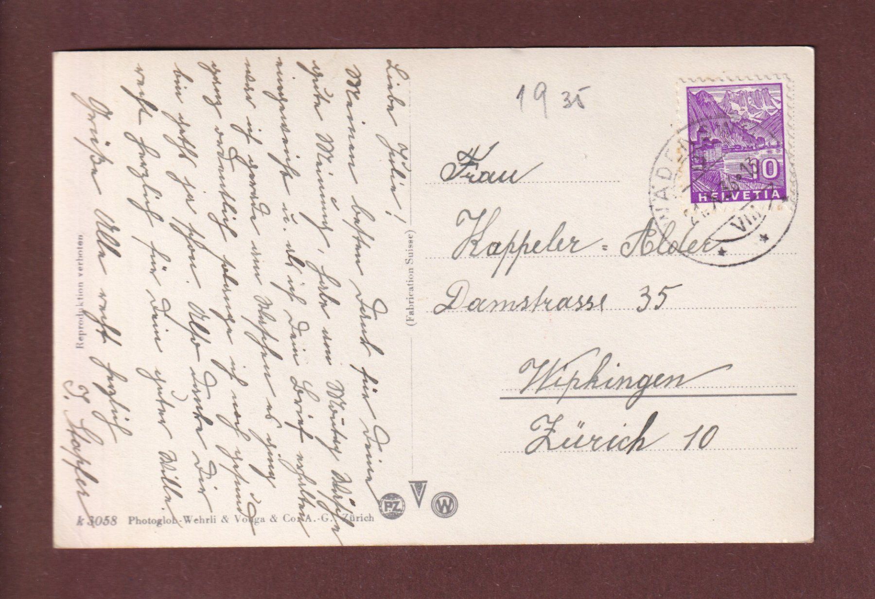 Cartoline postali: WÄDENSWIL - Schloss - 1936 // Eckbug // – Usato da Pully venduto da nicecards-shop 1