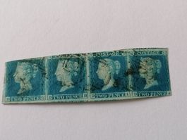 Two pence blue 1841, 4er Streifen, Platte 4
