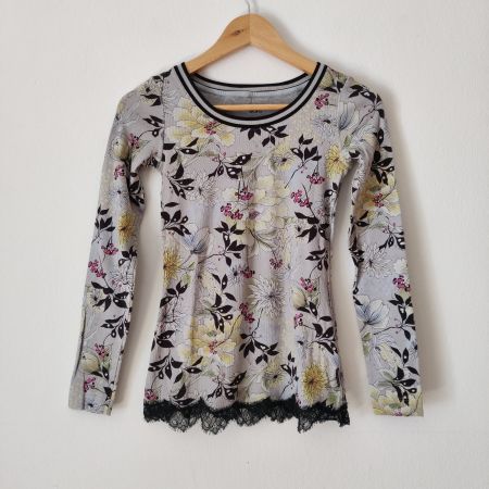 MARC CAIN florales Spitzen Shirt Pulli Bluse Longsleeve 34