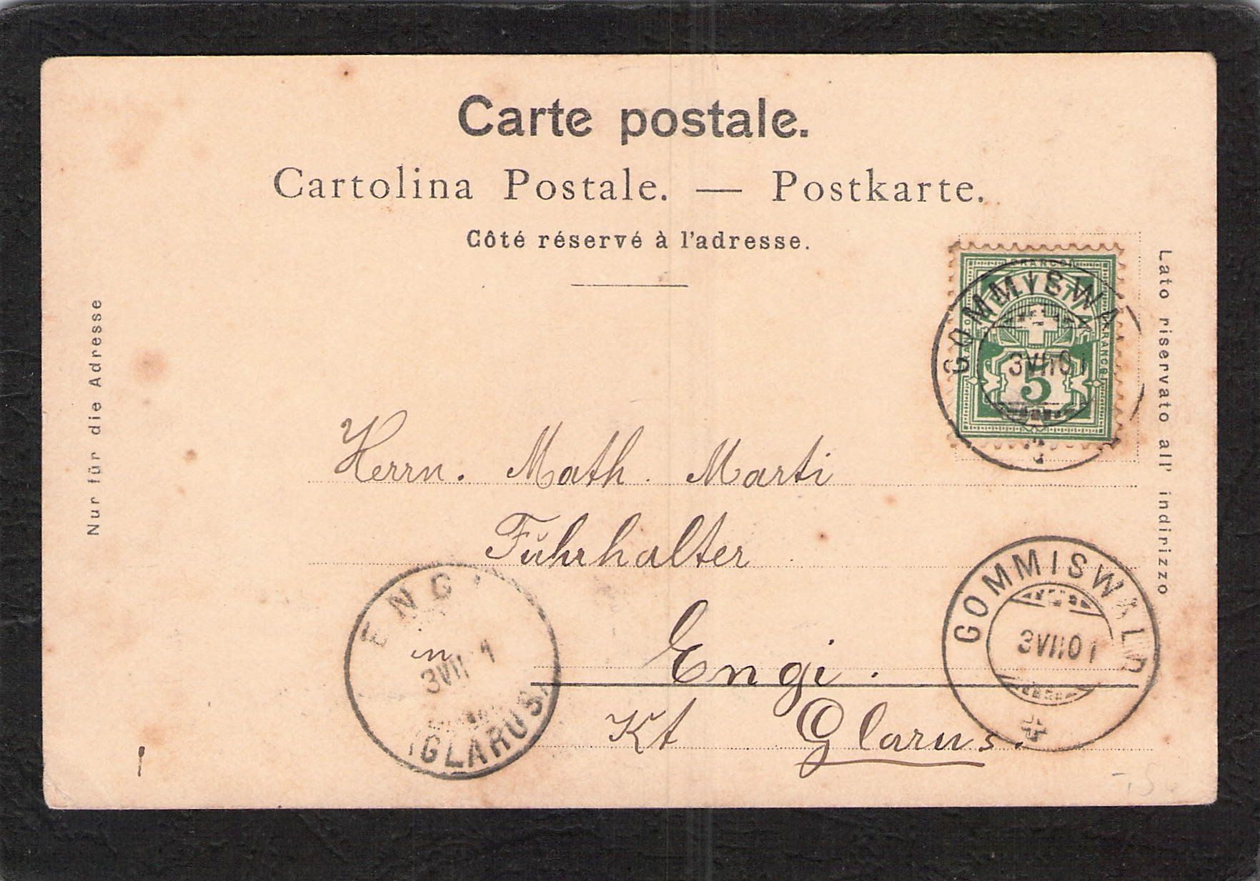 Cartoline postali: Chocolat Suchard , gel. 3.Vl.1901 Gommiswald-Glarus – Usato da Reichenburg venduto da Pipo-67 1