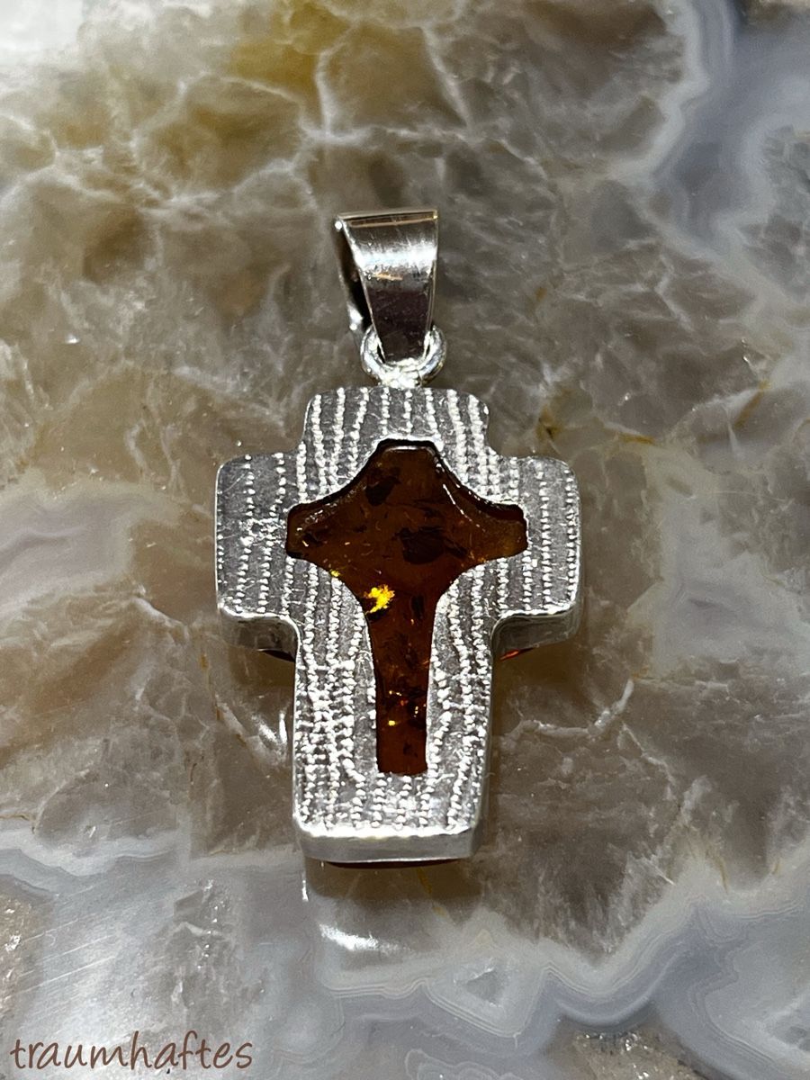 Ciondoli: Bernstein Kreuz in 925 Silber gefasst – Nuovo e nell'imballaggio originale da Thun venduto da Traumhaftes 4