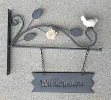Türschild Wandmontage "Willkommen" mit Blumen & Vogel Deko
