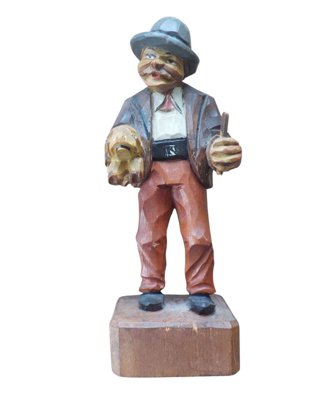 Statuette: Holzfigur antik - Mann mit Glücksschwein – Usato da Mörschwil venduto da antiksalon 1