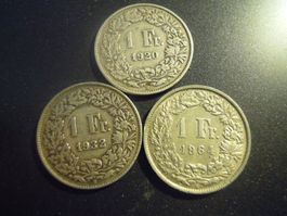 3 x Silber - Einfränkler, Jahrgänge 1920 / 1932 / 1061