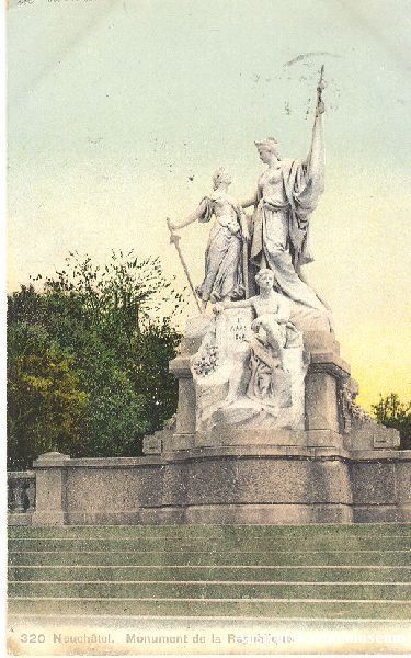 Cartoline postali: Neuchâtel - Monument de la Rep. 1908 – Usato da Emmenbrücke venduto da teestube