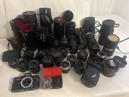 33 Vintage Objektive + Konica Kamera + Köcher Konvolut
