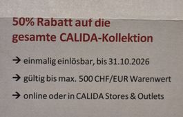 Calida Gutschein 50 %  Rabatt auf Ihren Einkauf.