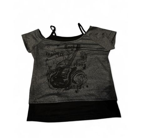 Damen T-Shirt grau schwarz mit Gitarren Motiv
