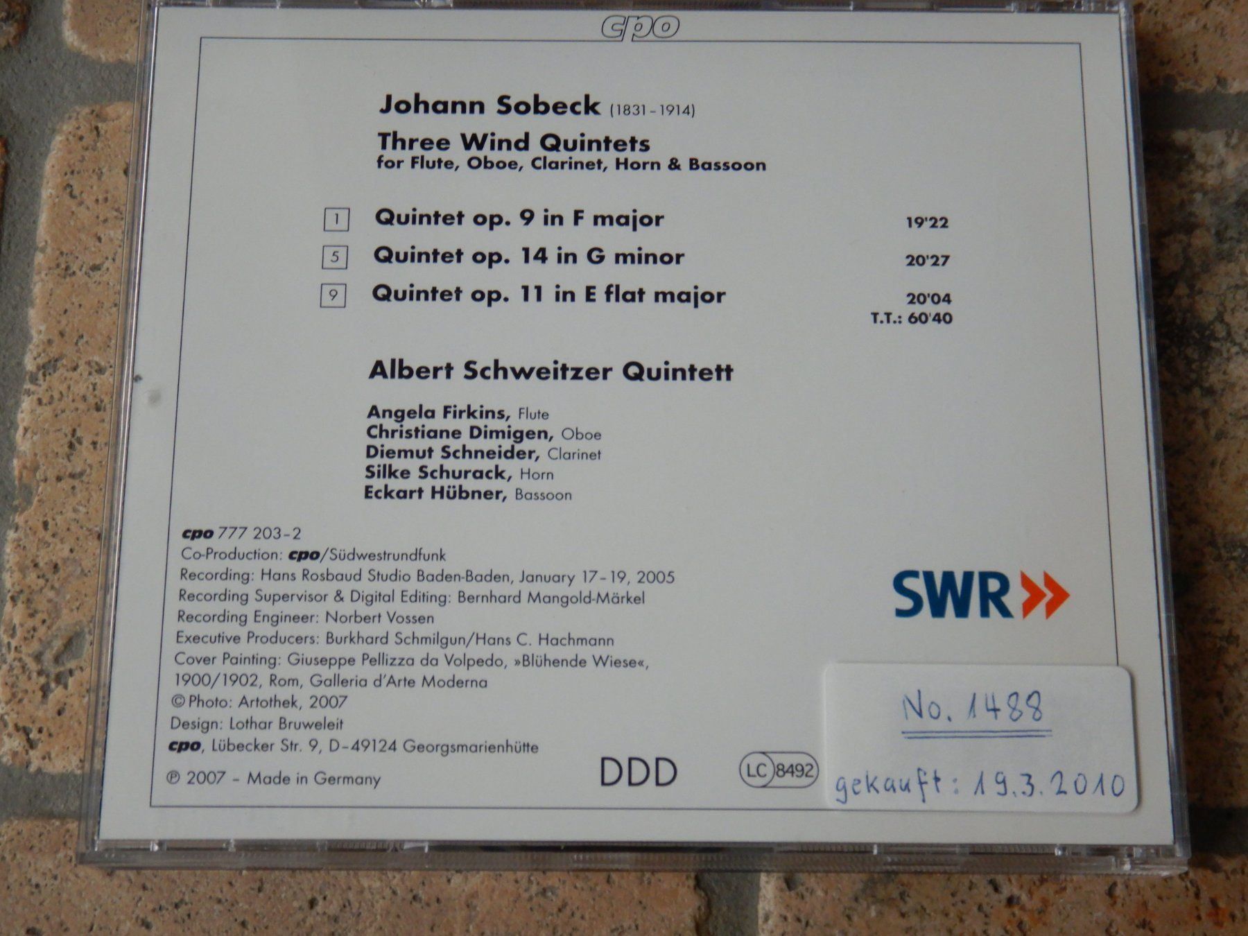 CDs: Johann Sobeck, 3 Wind Quintets – Gebraucht aus Mörschwil von Monzar 2