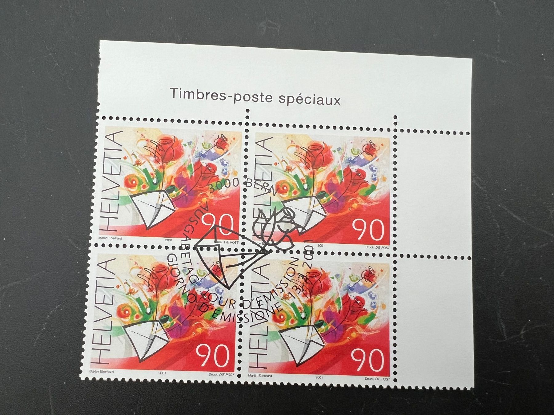 Tutti i francobolli: 2001  Erstag gest.Viererblock mit Tab (K40) – Usato da Hinwil venduto da Sidi4