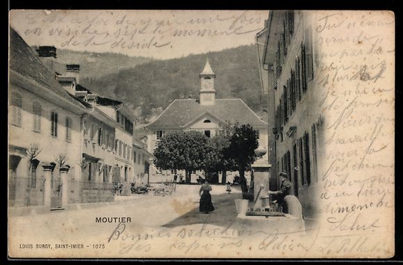 Ansichtskarten: AK Moutier, Brunnen mit Blick zur Kirche – Gebraucht aus Berlin von bartko-reher