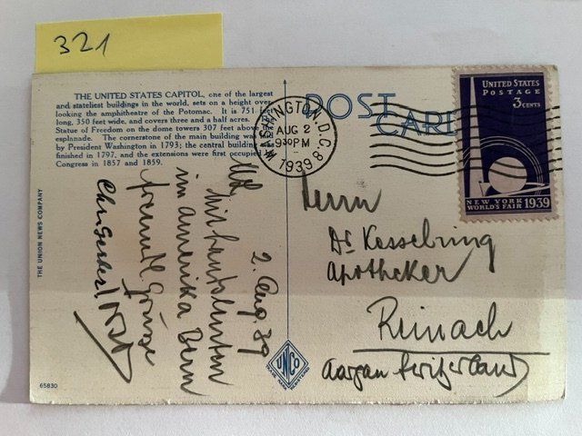 Ansichtskarten: Ansichtskarte U.S. Capitol Washington DC 1939 – Gebraucht aus Niederwil AG von dahu75 1