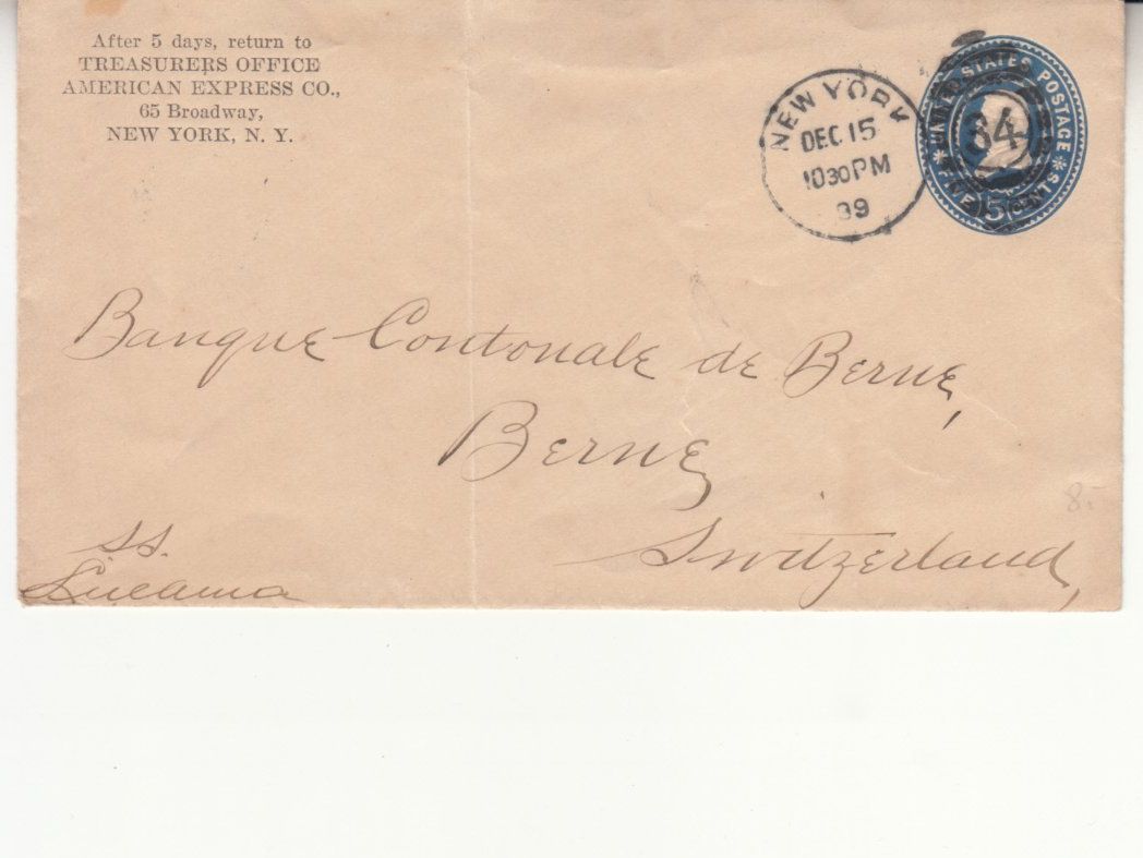 Tutti i francobolli: Brief 5 Cent New York - Bern 1899 – Usato da Bürglen TG venduto da StampGraf