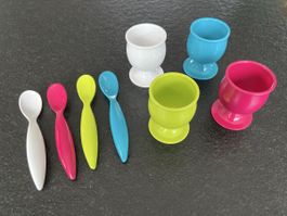 „Zak“ Designs Eierbecher & Löffel Set, 4 Farben, Neuwertig