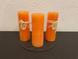 Kerzen 3er Set, je 6,8x18 cm, orange Raureif, je 550g